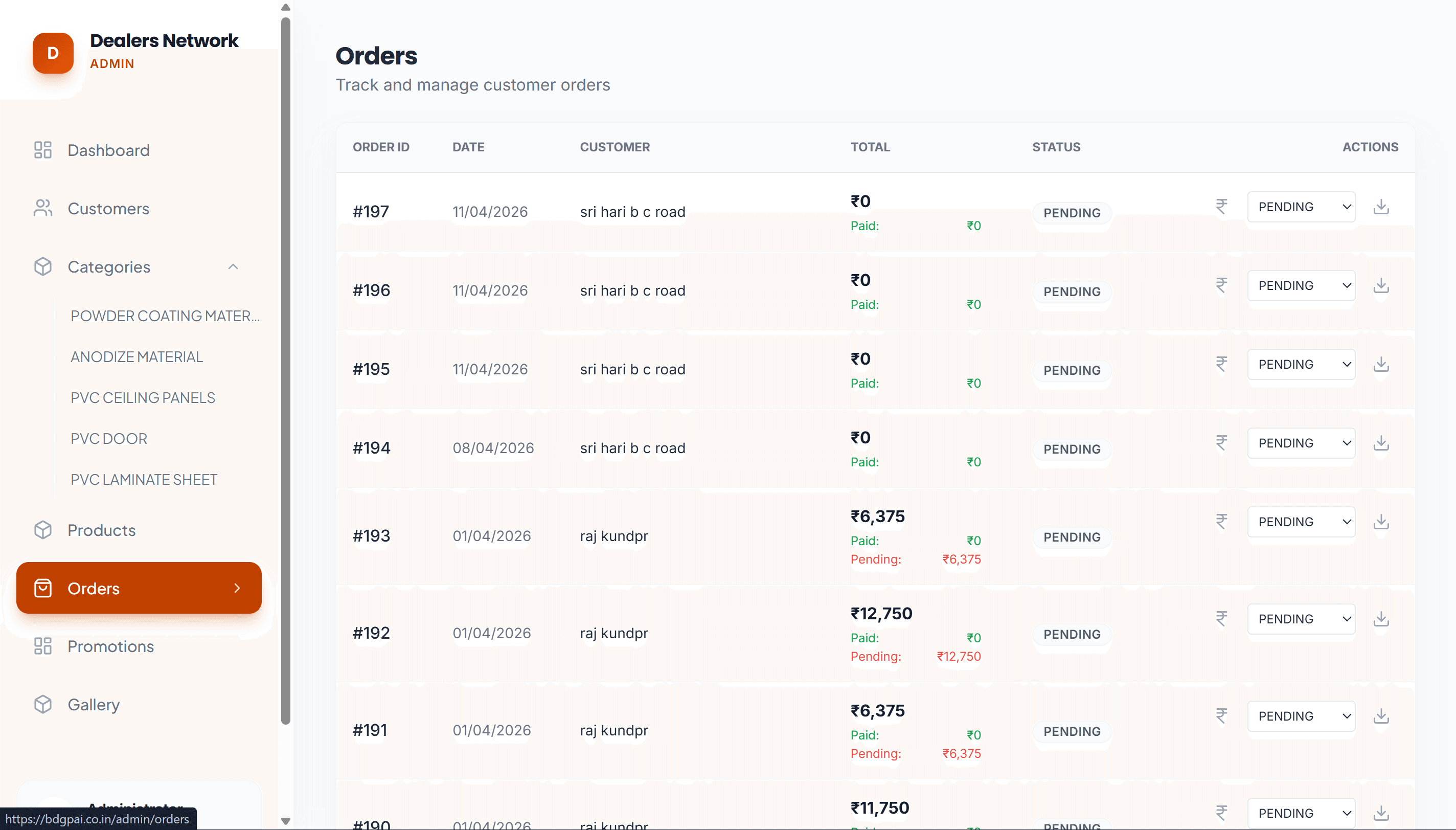 Orders — full pipeline, every order with status controls
