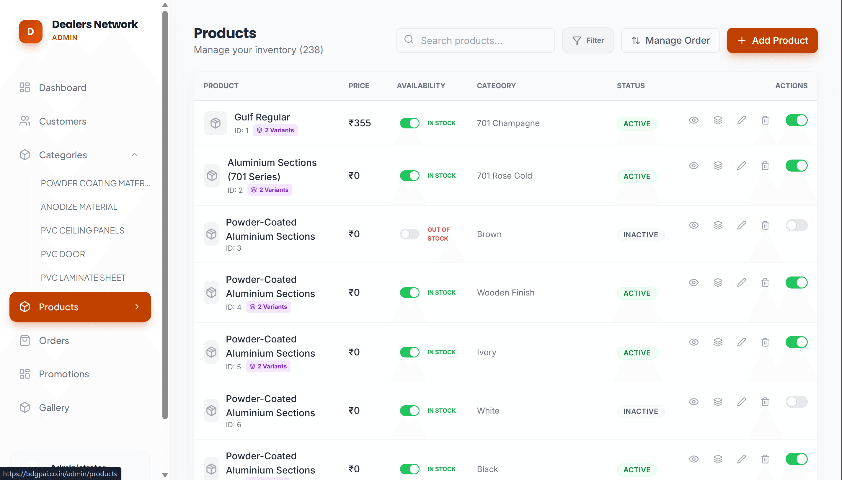 Products — add, edit, upload images, set pricing and categories